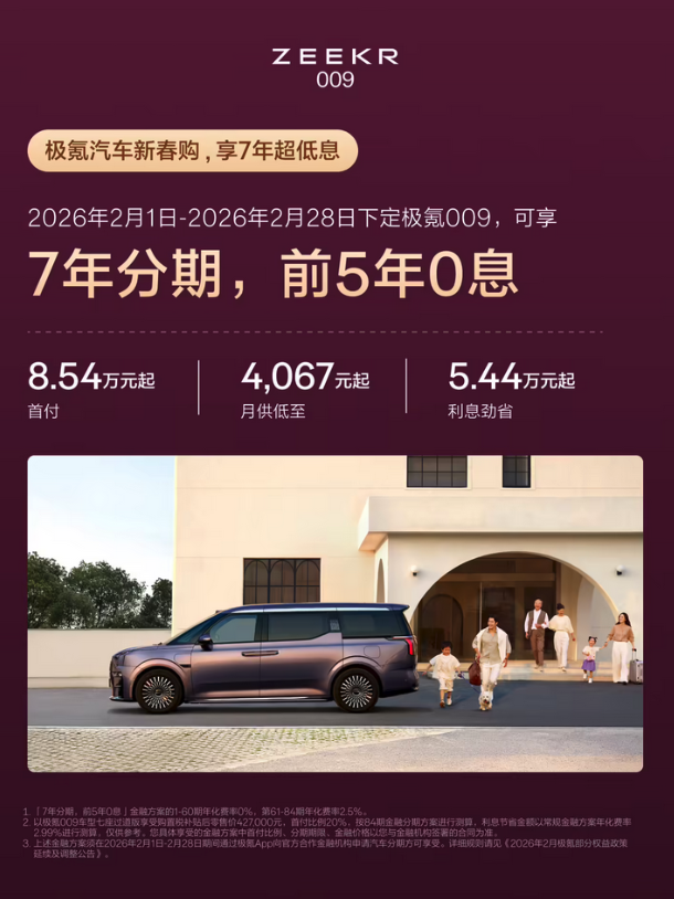 极氪官宣全系7年低息金融方案 三款车型享前5年0息福利